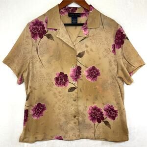 Vintage Laura Scott L Short Sleeve Floral Print Top Pink Buttons Grandma Cottage